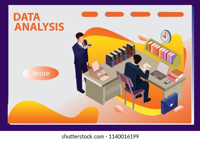 3d infographic business data analysis, Landing page template,charts and analyzing statistics with people interacting in a team,for website and mobile website, isometric vector illustration design