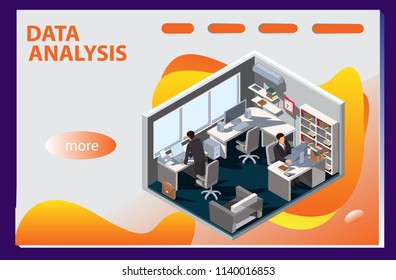 3d infographic business data analysis, Landing page template,charts and analyzing statistics with people interacting in a team,for website and mobile website, isometric vector illustration design