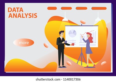 3d infographic business data analysis, Landing page template,charts and analyzing statistics with people interacting in a team,for website and mobile website, isometric vector illustration design