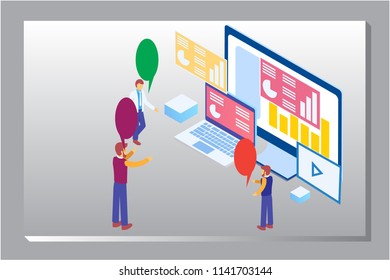 3d infographic business data analysis, Landing page template,charts and analyzing statistics with people interacting in a team,for website and mobile website, isometric vector illustration design