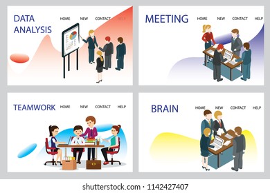 3d infographic business data analysis, Landing page template,charts and analyzing statistics with people interacting in a team,for website and mobile website, isometric vector illustration design