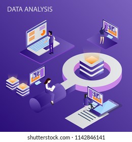 3d infographic business data analysis, Landing page template,charts and analyzing statistics with people interacting in a team,for website and mobile website, isometric vector illustration design