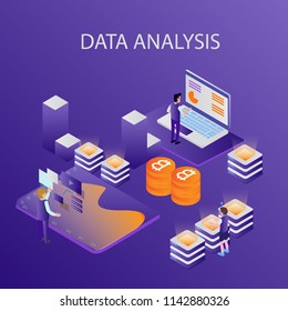 3d infographic business data analysis, Landing page template,charts and analyzing statistics with people interacting in a team,for website and mobile website, isometric vector illustration design