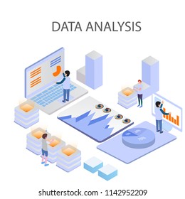 3d infographic business data analysis, Landing page template,charts and analyzing statistics with people interacting in a team,for website and mobile website, isometric vector illustration design