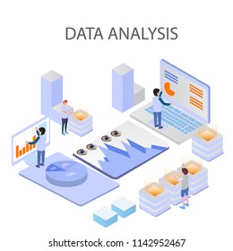3d infographic business data analysis, Landing page template,charts and analyzing statistics with people interacting in a team,for website and mobile website, isometric vector illustration design