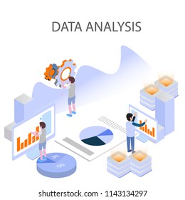 3d infographic business data analysis, Landing page template,charts and analyzing statistics with people interacting in a team,for website and mobile website, isometric vector illustration design
