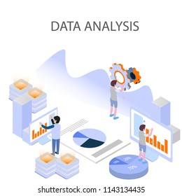 3d infographic business data analysis, Landing page template,charts and analyzing statistics with people interacting in a team,for website and mobile website, isometric vector illustration design