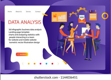 3d infographic business data analysis, Landing page template,charts and analyzing statistics with people interacting in a team,for website and mobile website, isometric vector illustration design