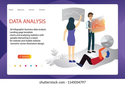 3d infographic business data analysis, Landing page template,charts and analyzing statistics with people interacting in a team,for website and mobile website, isometric vector illustration design