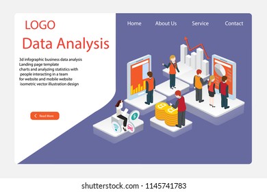 3d infographic business data analysis, Landing page template,charts and analyzing statistics with people interacting in a team,for website and mobile website, isometric vector illustration design