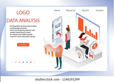 3d infographic business data analysis, Landing page template,charts and analyzing statistics with people interacting in a team,for website and mobile website, isometric vector illustration design