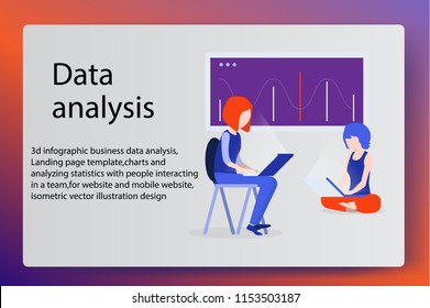 3d infographic business data analysis, Landing page template,charts and analyzing statistics with people interacting in a team,for website and mobile website, isometric vector illustration design