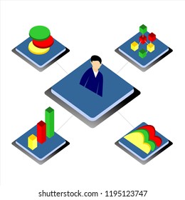 3D infographic business data analysis. Charts and analyzing statistics. Isometric vector illustration design.
