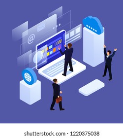 3d infographic business data analysis, Landing page template,charts and analyzing statistics with people interacting in a team,for website and mobile website, isometric vector illustration design 