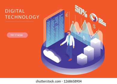 3d infographic business data analysis, Landing page template,charts and analyzing statistics with people interacting ,for website and mobile website, isometric vector illustration design 