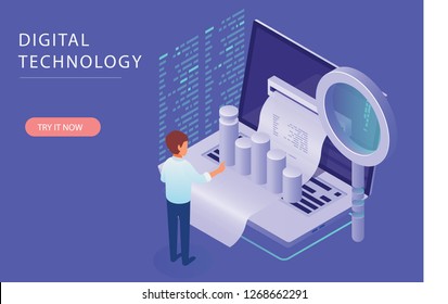 3d infographic business data analysis, Landing page template,charts and analyzing statistics with people interacting ,for website and mobile website, isometric vector illustration design 