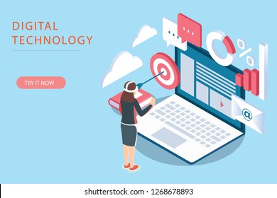 3d infographic business data analysis, Landing page template,charts and analyzing statistics with people interacting ,for website and mobile website, isometric vector illustration design 