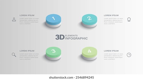 Plantilla de diseño de infografía 3D con Botones. 4 pasos para el éxito, Plantilla de instrucciones.