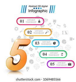 3D infographic design template and marketing five icons.