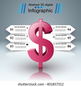 3D infographic design template and marketing icons. Dollar icon.