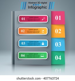 3D infographic design template and marketing icons. Book icon. Notebook icon. Book mark icon.