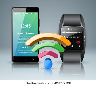 3D infographic design template and marketing icons. Wi-fi icon. Smartphone icon. Smartwatch icon.