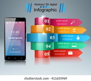 3D infographic design template and marketing icons. Smartphone icon.