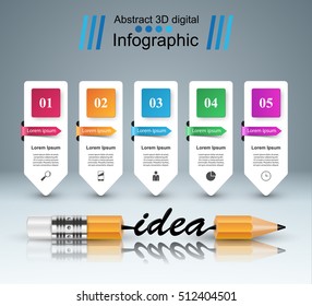 3D infographic design template and marketing icons. Pencil icon.