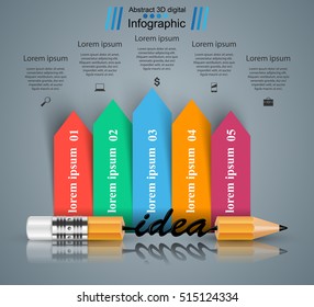 3D infographic design template and marketing icons. Pencil icon.