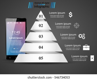 3D infographic design template and marketing icons. Business Infographics origami style Vector illustration. Smartphone icon.