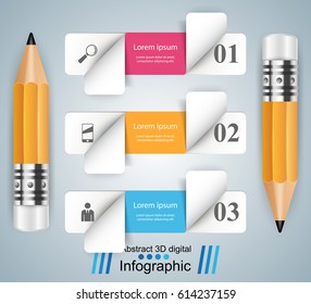3D infographic design template and marketing icons. Pencil icon.