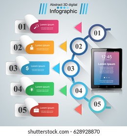 3D infographic design template and marketing icons. Business Infographics origami style Vector illustration. Tablet icon.