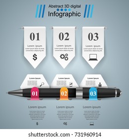 3D infographic design template and marketing icons. Pen icon.