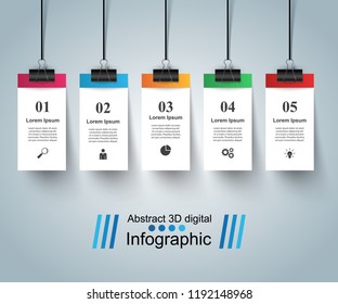 3D infographic design template and pin, clip icons.