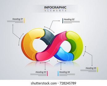 elemento infográfico 3D, o gráfico en forma infinita con cinco (5) pasos .