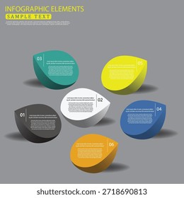 3D Infografik Elemente mit sechs farbigen Schritten, Modernes Geschäftsprozessdiagramm. Farbenfrohe 3D Infografik Elemente Layout.

