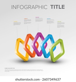 A 3D infographic featuring overlapping, colorful rhombus shapes with corresponding information text boxes. The vibrant design is ideal for presenting data or concepts visually.