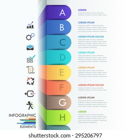3d infographic option banner with 8 paper rectangle ribbons on bright background. Vector. Can be used for web design and  workflow layout