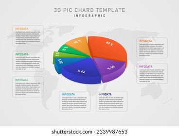 3D Infographic Pie Chart The circle is divided into multi-colored segments. There is a white percentage number above. The left and right have a frame and the letter in the center below has a map.