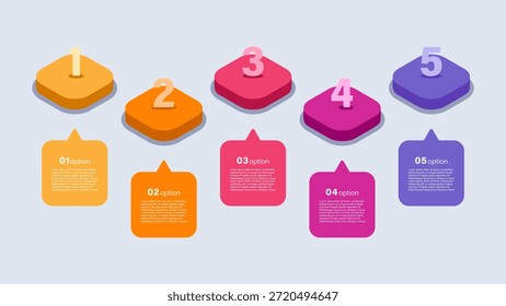 Modelo infográfico 3D com processos de 5 etapas. Layout de infográfico horizontal vetorial em isometria