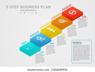 3d infographic template 5 steps business plan for success multi colored squares left and right letters white icon in the center On gray gradient background. Design for marketing, product, project.
