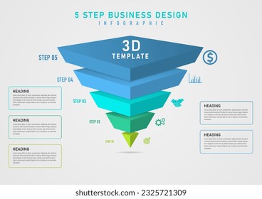 Plantilla infográfica 3D 5 pasos triángulo de pirámide invertida dividida en segmentos multicolores Varios iconos a la derecha con marco cuadrado y carteles de fondo de gradiente gris para negocios, marketing