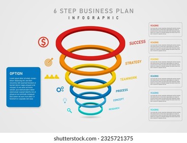 3d infographic template 6 steps business plan success circular multicolored stacked vertically Several icons on the left There is a square frame and letters on the right, a gray gradient background.