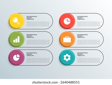 3D infographic template for 6 steps or processes. Business infographic layout with icons and space for data
