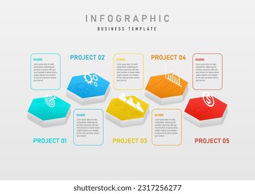 3D Infographic Template Business Hexagon Multi Color Top White Icons Letters in a square frame on a gray gradient background. Design for product, project, marketing, finance, investment.