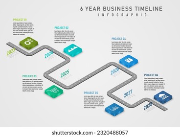 3d infographic timeline 6 years gray road top letter Multi-colored isometric squares have icons in the center. year numbers with shadow gray gradient background for business, marketing, project