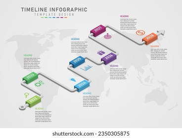 3d infographic timeline 7 years gray center navigation arrow Multi-colored polygons with white numbers above the left and right isometric icons with letters. map below gray gradient background