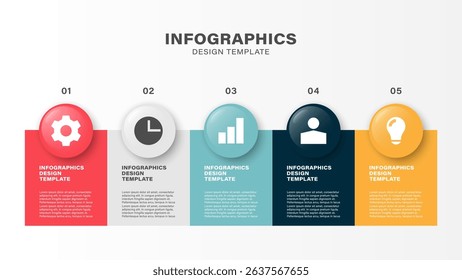 3D Infographic Vector Design Template. Five Steps or Processes with Business Icons and Text