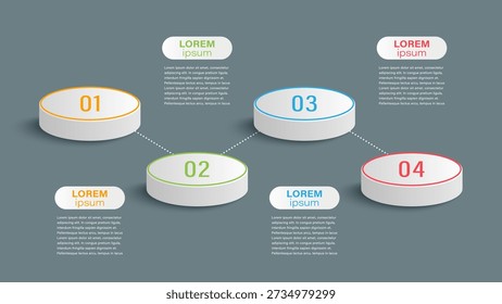 3D infographics horizontal template. Minimalistic design layout for data visualization with round buttons and numbers