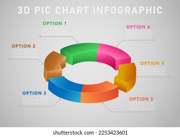 3d infografías Diagrama de gráficos circulares de seis opciones. Ilustración, vector. Hay muchos colores vivos. y fondo de gradiente gris claro brillante